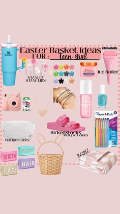 a pink background with the words easter basket ideas for teen girl on it and various items