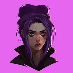 a digital painting of a woman with purple hair and black hoodie looking at the camera