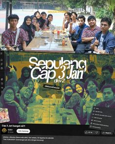 several people are sitting at a table with drinks in front of them and the caption says sepubang cap 3 jan