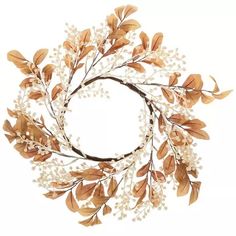 a wreath with white flowers and brown leaves on the front, is shown against a white background