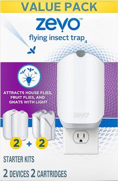 two packs of zero flying insect traps with 2 devices attached to each pack and the packaging is white