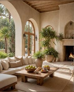 a living room filled with lots of furniture next to a fire place and potted plants