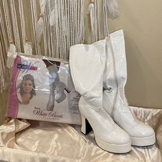 Wore Once; Still In Good Condition (Wear & Tear Shown In Pics) 4.75" Heel - Front Platform Heel Is 1.75" - Easy To Walk In; Chunky Heels Are Easier To Walk In - Zips Up On Side Of Foot Fits Size 5-6 Women's Platform Knee High Boots, Gogo Boots, White Platform, White Boots, Platform Heel, Platform Heels, Shoes Heels Boots, Chunky Heels, Knee High Boots