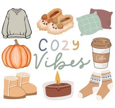 the words cozy vibes are surrounded by various items such as coffee, cake and socks