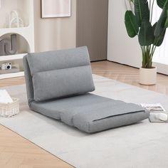 a grey couch sitting on top of a white rug in a living room next to a potted plant