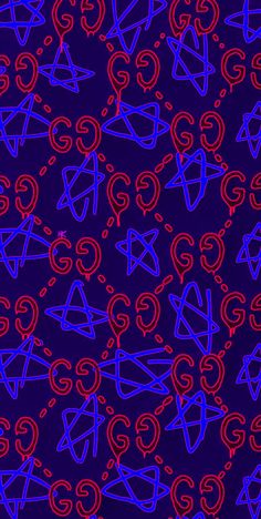 blue and red abstract pattern on a black background with hearts, arrows, and circles