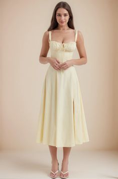 Olivia Mark - Solid Color Stylish and Seductive Sleeveless Dress Sweet Yellow Sleeveless Dress, Pale Yellow Short Dress, Pale Yellow Formal Dress, Pale Yellow Long Dress, Pale Yellow Dress Aesthetic, Pale Yellow Dresses, Terry Cloth Dress, Yellow Dresses, Dress Collar