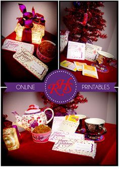 three pictures of christmas cards and gifts on a table with a tree in the background