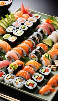 sushi platter with various types of sushi on it and chopsticks