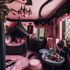 a bedroom with pink walls and furniture