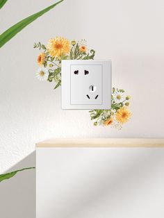 an electrical outlet with flowers painted on the wall next to it and a green plant