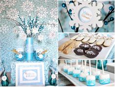 blue and white desserts are displayed on the table