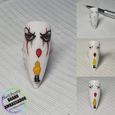 Drawing On Nails Step By Step, Micheal Myers Nail Designs, Enid Sinclair Nails, Pennywise Nail Art, Pennywise Nails, Art Ideas Halloween, Step By Step Nail Art, Halloween Nails Designs, Nail Art Designs 2023