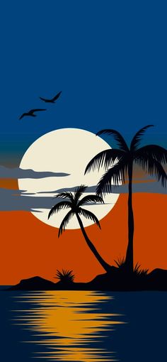 a sunset with two palm trees in the foreground and a bird flying over it