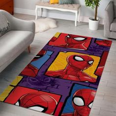 a living room area rug with spiderman faces on it