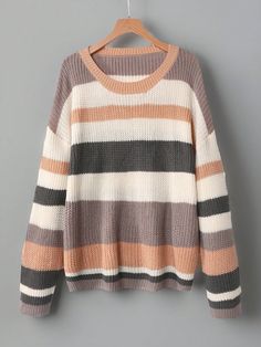 Plus Size Autumn/Winter Casual Color Block Striped Drop Shoulder Sweater Multicolor Casual  Long Sleeve Fabric Colorblock,Striped Pullovers Slight Stretch  Women Plus Clothing, size features are:Bust: ,Length: ,Sleeve Length: Autumn Outfits, Tela, Plus Size Autumn, Plus Size Pullover, Plus Size Sweater, Pull Oversize, Drop Shoulder Sweater, Clothing Pieces, Fall Sweater