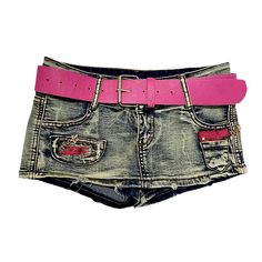 Take your summer style to the next level with our 2023 Summer Collection's sanded pink embroidery mini denim skort! This Y2K-inspired vintage piece promises to bring timeless elegance and edgy sophistication to your wardrobe.Why You'll Fall In LoveThis skort is designed to flatter your figure with its low-waist silhouette and loose fit. The delicate embroidery and intricate painted prints add an extra touch of charm. while the sanded finish enhances its texture. Topped off with a zipper and butt Blue Y2k Style Mini Skirt, Edgy Mini Skort, Cheap Fitted Y2k Shorts, Cheap Y2k Style Mini Bottoms, Affordable Y2k Mini Bottoms, Y2k Denim Skirt, Embroidery Mini, Alt Clothes, Womens Denim Skirts