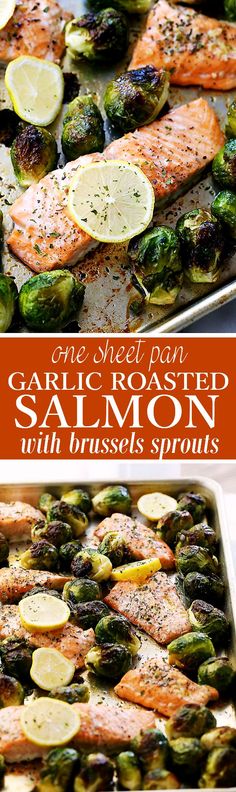 salmon and brussel sprouts on a sheet pan with text overlay