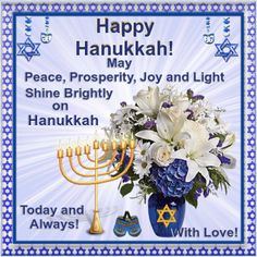 happy hanukkah greeting card with menorah and flowers in blue vase