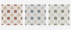 three different colored tile designs on a white wall, each with an interesting geometric pattern