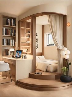 a bedroom with a bed, desk and bookshelf