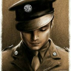 a drawing of a man in uniform with his eyes closed