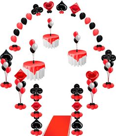 an arrangement of red, black and white decorations