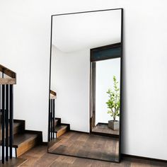 a mirror sitting on top of a wooden floor next to a stair case with a potted plant in it