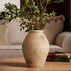 a vase with some flowers in it sitting on a table next to a couch and books