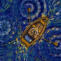 a painting of a boat floating in the middle of a night sky with stars and swirls