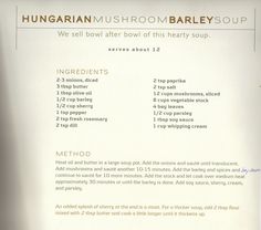 the instructions for how to make a mushroom barley soup are shown in this brochure