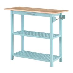 a blue kitchen island with two shelves on each side and a butcher block top in the middle