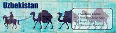 a tile wall with three camels on it and the words uzbekistan written in arabic