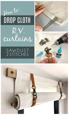 the instructions for how to make drop cloth curtains with sewing thread and leather straps on them