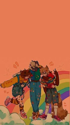 three children standing on top of a rainbow colored cloud with their arms around each other