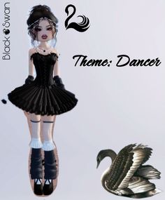 a woman in a black dress is standing next to a swan and the words, themes dancer