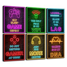 four neon signs with the words game is my life and gaming is my work on them