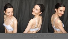 three different pictures of a woman in white bra top and black hair, with multiple angles to show her breast