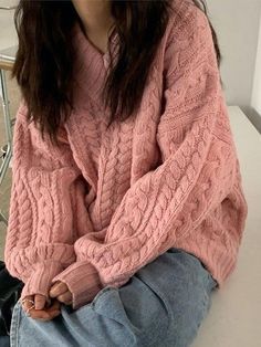 ⚡️Buy V Neck Pullover Cable Knit Sweater Pink ONE SIZE under $40.00 in Sweaters Online. Style: Casual, Street  Color: Pink, Off-White  Fabric Content: Acrylic  Fit Type: Regular  Neckline: V Neck  Sleeve Length: Long Sleeve. ✓2022 NEW YEAR SALE | $10 OFF OVER $75 CODE: NY1 I $25 OFF OVER $125 CODE: NY2 | $35 OFF OVER $215 CODE: NY3✓BUY 1 GET 1 40% OFF CODE: BUY1 | BUY 2 GET 1 60% OFF CODE: BUY2✓Free Shipping on all orders over $69 USD.. Check reviews and order V Neck Pullover Cable Knit Swe Pink Sweater Outfit, Apricot Sweater, Knit Sweater Outfit, Pull Rose, Beige Pullover, Pink Knit Sweater, V Neck Pullover, Beige Outfit, Korean Casual Outfits