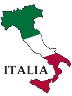 the map of italy with flag colors and country name in red, green and white