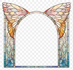 a stained glass window with an angel wings design on the top and bottom part of it