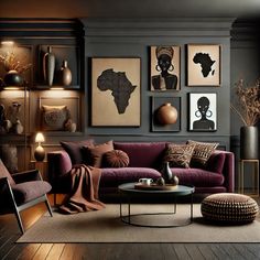 a living room filled with furniture and pictures on the wall