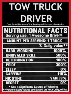 the label for tow truck driver nutritional information on a red background with black and white lettering