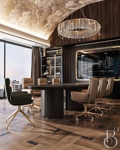 a large conference table with chairs and a chandelier hanging from it's ceiling