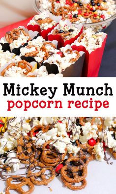 mickey munch popcorn recipe with pretzels in the middle and other snacks on the side