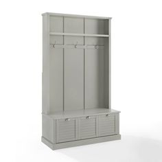 a large gray cabinet with two doors and three drawers on the bottom, next to a white wall