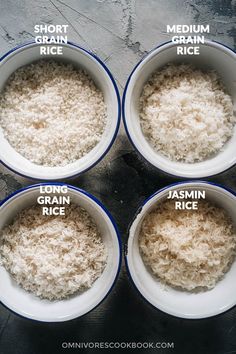 four bowls filled with rice labeled in different ways