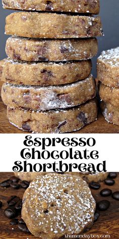 Top photo stack of cookies. Bottom photo one cookie dusted with powdered sugar surrounded by coffee beans. Christmas Shortbread Cookies, Pasti Fit, Chocolate Shortbread, Chocolate Shortbread Cookies, Lost 100 Pounds, Quit Drinking, Think Food, Biscuit Cookies, I Quit