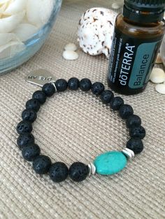 Black Lava Rock Diffuser Bracelet with Turquoise Accent Lava Stone Jewelry, Lava Jewelry, Lava Rock Jewelry, Lava Rock Bracelet, Lava Bracelet