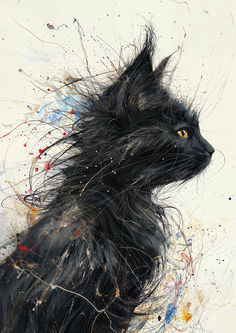 a painting of a black cat with long hair